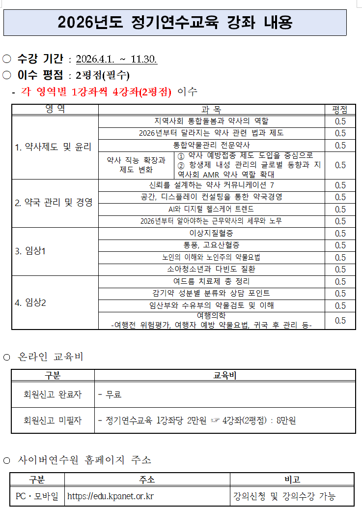약사회, 1일부터 사이버연수원 정기 연수교육 오픈