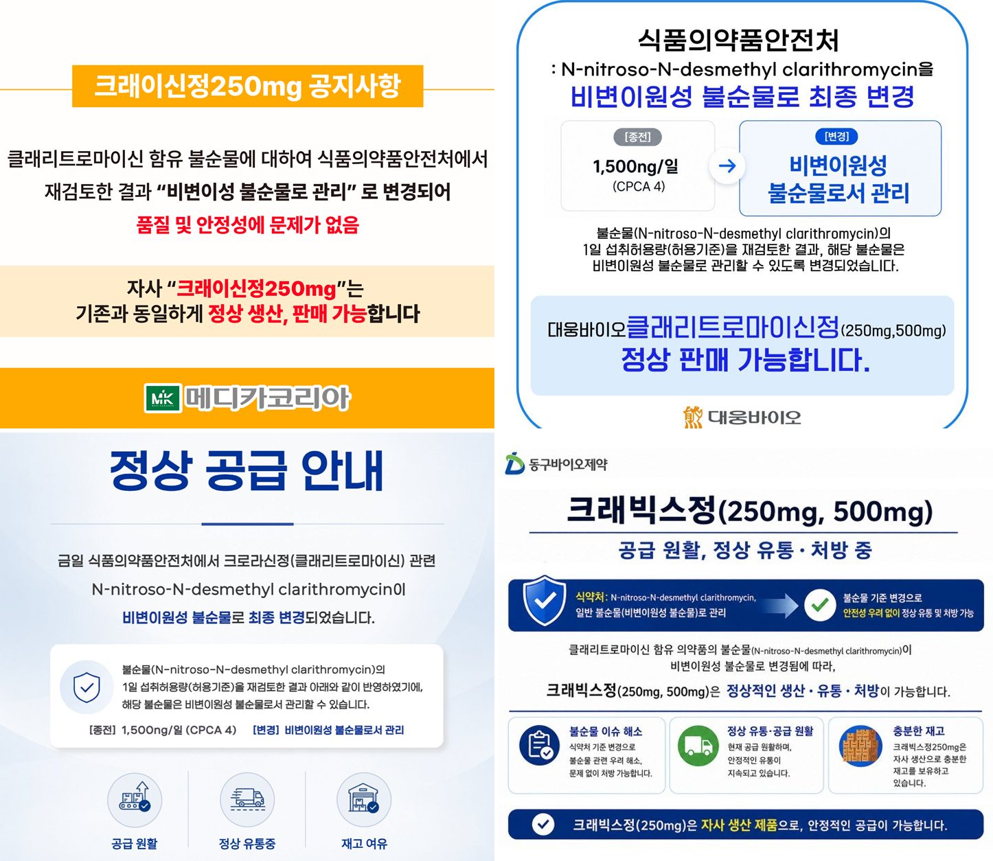 클래리트로마이신 불순물 공포 끝?…제약사들 일제히 "정상 유통"